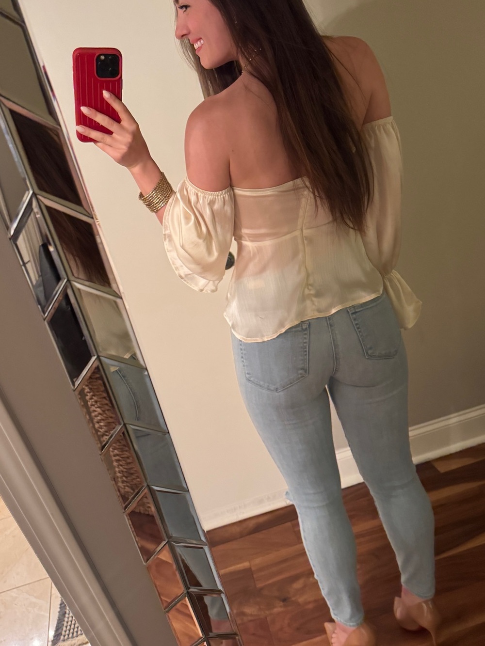 Off-Shoulder Cream Satin Blouse with Tie Front - Picture 3 of 3